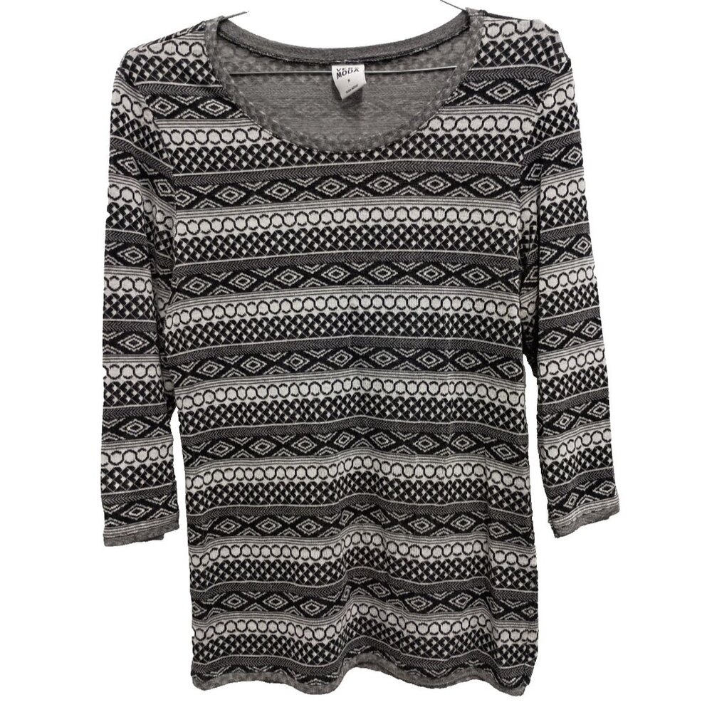 Vero Moda Womens Top Medium Black White Geometric BOHO Southwest 3/4 Sleeve